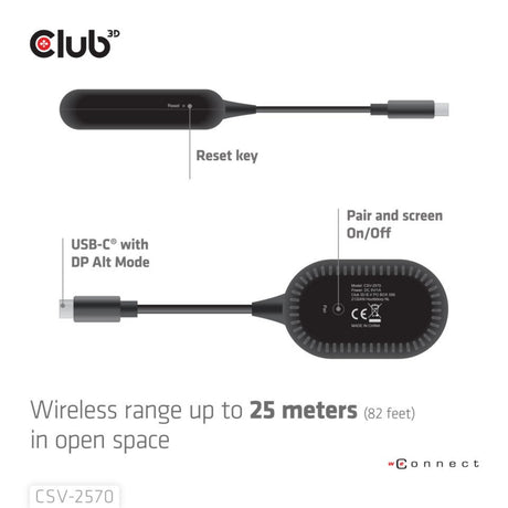 Bezprzewodowy adapter nadajnika i odbiornika Club 3D z USB-C na HDMI (czarny)
