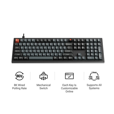 Keychron v6w-d4 8k qmk, przewodowa, niestandardowa klawiatura mechaniczna (czarna, układ amerykański (qwerty), super banana, 100%, diody rgb, double-shot pbt, hot swap, 8k, przycisk)