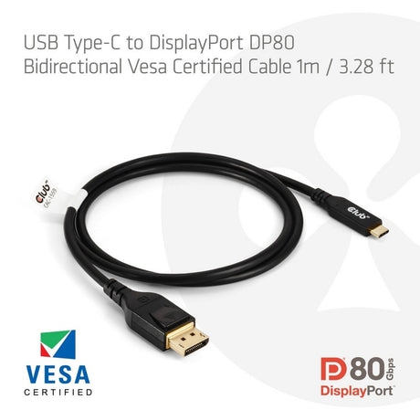 Dwukierunkowy adapter Club 3D USB-C na DisplayPort DP80 (czarny, 1 metr, certyfikat VESA)