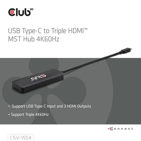 Adapter Club 3D z USB-C na potrójny koncentrator HDMI MST 4K60 Hz (czarny)