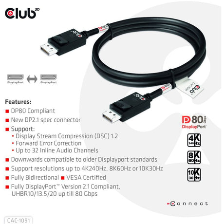 Kabel z certyfikatem Club 3D DisplayPort 2.1 Vesa DP80 męsko-męski (czarny, 1,2 m, 4K 240 Hz, 8K 60 Hz, 80 Gb/s)