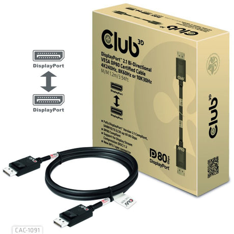 Kabel z certyfikatem Club 3D DisplayPort 2.1 Vesa DP80 męsko-męski (czarny, 1,2 m, 4K 240 Hz, 8K 60 Hz, 80 Gb/s)