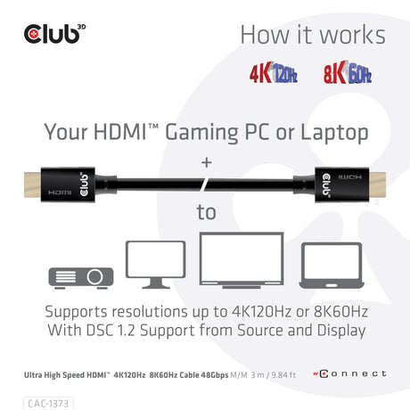 Certyfikat Club 3D ultra high speed HDMI 2.1 kabel męsko-męski (czarny, 3 metry, 4K 120 Hz, 8K 60 Hz, 48 Gb/s)