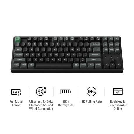 Keychron k8 ultra 8k wireless custom mechanical keyboard (zwart, us lay-out (qwerty), apex banana, 80% (tkl), rgb leds, osa double-shot pbt, usb-c | 2.4 ghz | bluetooth 5.2)