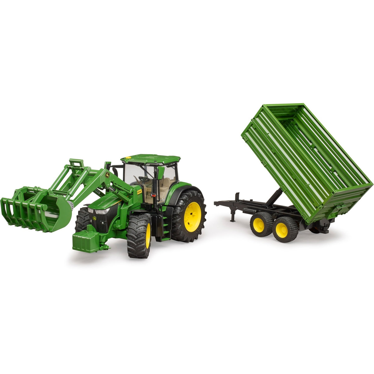 Bruder John Deere 7R 350 z ładowaczem czołowym i przyczepą transportową model pojazdu (03155)