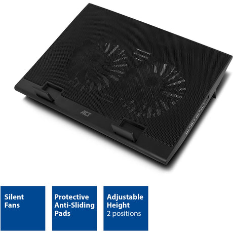 Podstawka pod laptop Act Connect, z wentylatorem, z regulacją wysokości w 2 pozycjach (czarny, 4-portowy koncentrator USB 2.0)