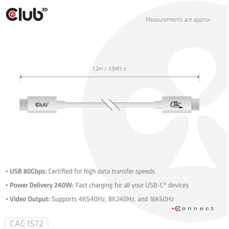 Certyfikat Club 3D USB-C 80 Gb/s, 240 W, 8K, 240 Hz (biały, 1,2 m)
