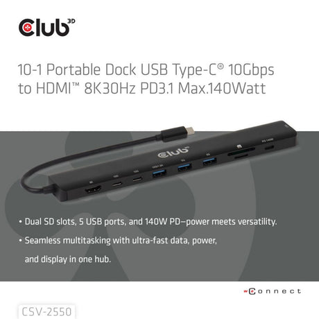 Przenośna stacja dokująca Club 3d 10-1 USB Type-C 10 Gbps na HDMI 8k30 Hz pd3.1 Stacja dokująca o maksymalnej mocy 140 W (czarna, HDMI, USB-C, LAN)