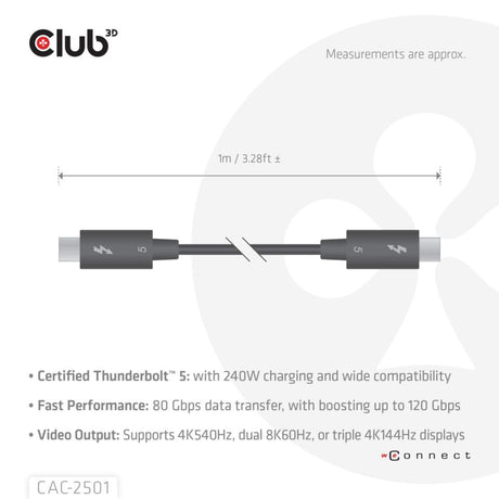 Certyfikat Club 3d Thunderbolt 5 8k240hz kabel (czarny, dane 80 120 Gbps, epr 240 W, 1 metr)