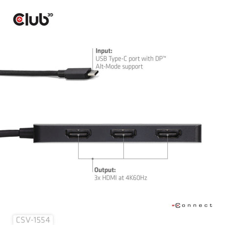 Adapter Club 3D z USB-C na potrójny koncentrator HDMI MST 4K60 Hz (czarny)