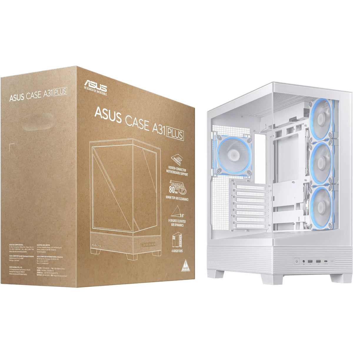 Obudowa midi tower Asus a31 plus (biała | 2x USB-A | 2x USB-C | szkło hartowane)