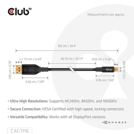 Dwukierunkowy adapter Club 3D Mini DisplayPort na DisplayPort DP80 (czarny, 1 metr, certyfikat Vesa)
