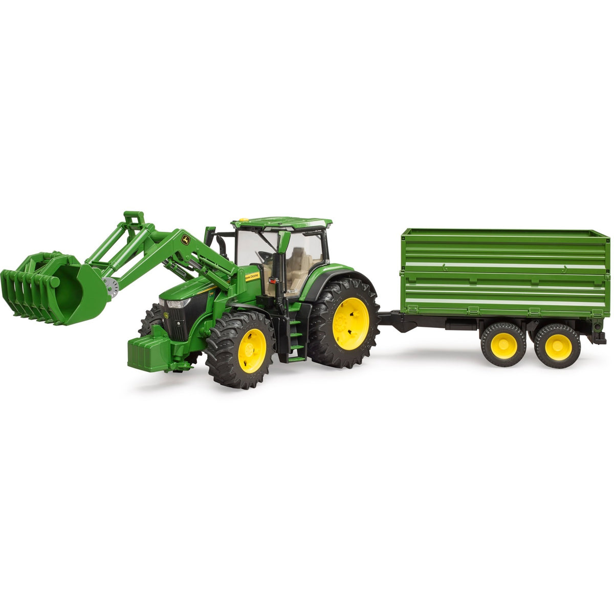 Bruder John Deere 7R 350 z ładowaczem czołowym i przyczepą transportową model pojazdu (03155)