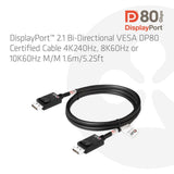 Kabel z certyfikatem Club 3D DisplayPort 2.1 Vesa DP80 męsko-męski (czarny, 1,6 m, 8K 240 Hz, 10 K 60 Hz, 80 Gb/s)