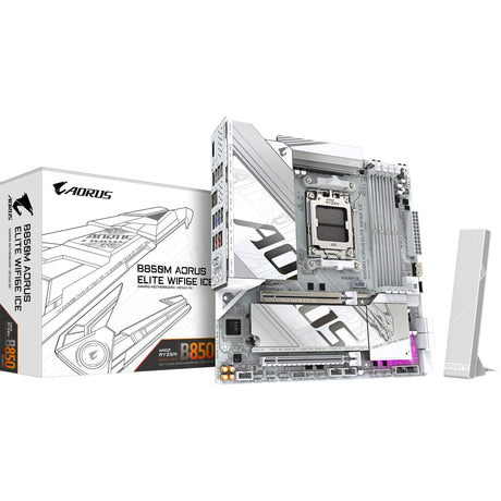 Płyta główna Gigabyte B850M Aorus Elite WiFi6E Ice Socket AM5 (srebrno-biała, RAID, 2,5 GB-LAN, WiFi 6E, BT, dźwięk, µATX)