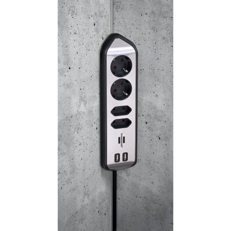 Brennerstuhl ®estilo narożna listwa przyłączeniowa z funkcją ładowania USB 4-kierunkowa 2x gniazdo ochronne 2x euro srebrny czarny