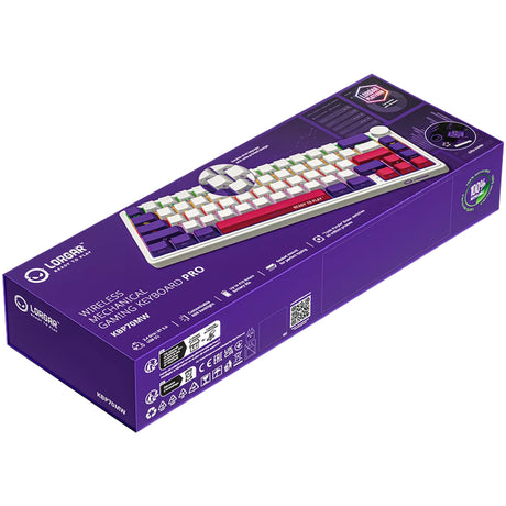 Mechaniczna klawiatura do gier Lorgar kbp70mw rgb (biała, układ amerykański (qwerty), logar toksyczny fiolet, 65%, rgb, możliwość wymiany podczas pracy, podwójny strzał pbt, bluetooth | 2,4 GHz | usb)