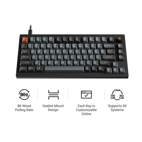 Keychron v1w-d3 8k qmk, niestandardowa przewodowa klawiatura mechaniczna (czarna, układ amerykański (qwerty), super brązowy, 75%, diody rgb, double-shot pbt, hot swap, 8k, przycisk)