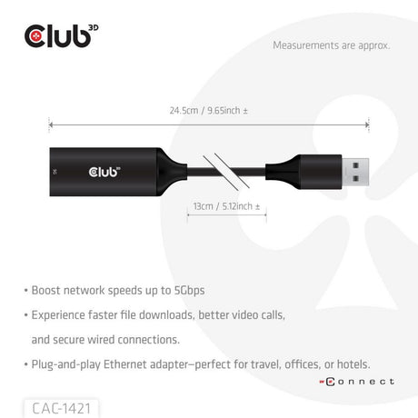 Adapter Club 3D USB-A na RJ45 Ethernet 5 Gb/s (czarny)