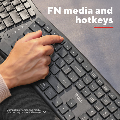 Ergonomiczna klawiatura bezprzewodowa Trust Keyra (czarna, układ US (QWERTY), 100%, 2,4 GHz USB | Bluetooth)
