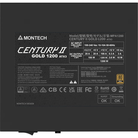 Modułowy zasilacz Montech Century II o mocy 1200 W (srebrny, 1x 12v-2x6, 6x pcie)