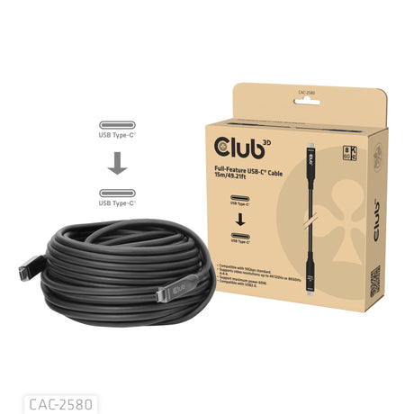W pełni funkcjonalny kabel Club 3D USB-C, 15 m (czarny, 8k60hz 10gbps 60w)