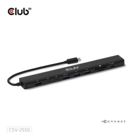 Przenośna stacja dokująca Club 3d 10-1 USB Type-C 10 Gbps na HDMI 8k30 Hz pd3.1 Stacja dokująca o maksymalnej mocy 140 W (czarna, HDMI, USB-C, LAN)