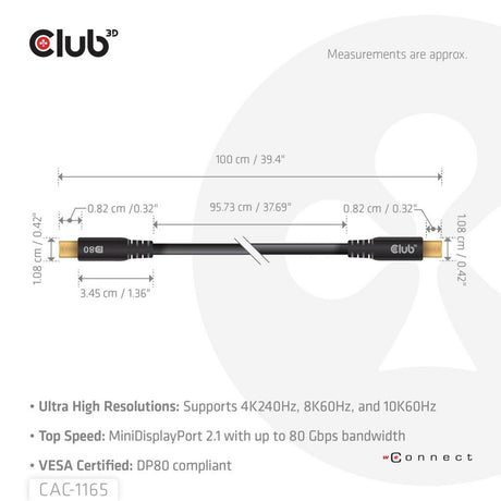 Dwukierunkowy kabel Club 3D Mini DisplayPort do Mini DisplayPort DP80 (czarny, 1 metr, certyfikat Vesa)