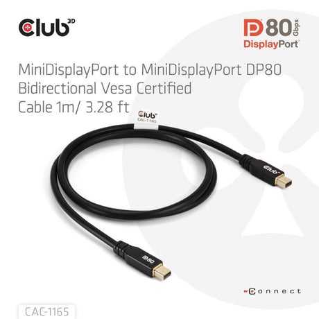 Dwukierunkowy kabel Club 3D Mini DisplayPort do Mini DisplayPort DP80 (czarny, 1 metr, certyfikat Vesa)