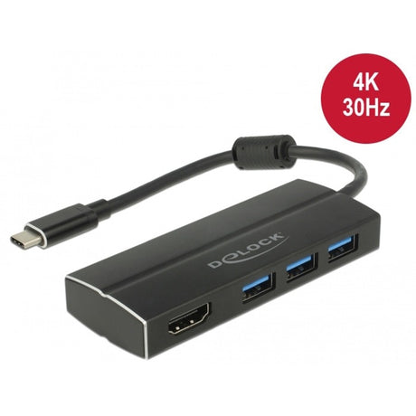 Delock USB-C 3.1 > 3x koncentrator USB-A 3.0 + koncentrator HDMI USB (czarny, 0,15 m, 4k)
