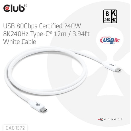 Certyfikat Club 3D USB-C 80 Gb/s, 240 W, 8K, 240 Hz (biały, 1,2 m)