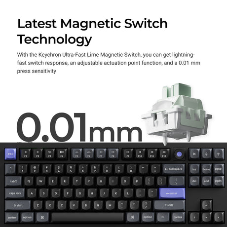 Keychron q3 he 8k klawiatura z przełącznikiem magnetycznym (czarna, układ amerykański (qwerty), ultraszybka limetka, 80% (tkl), rgb, hot swap, 8k)