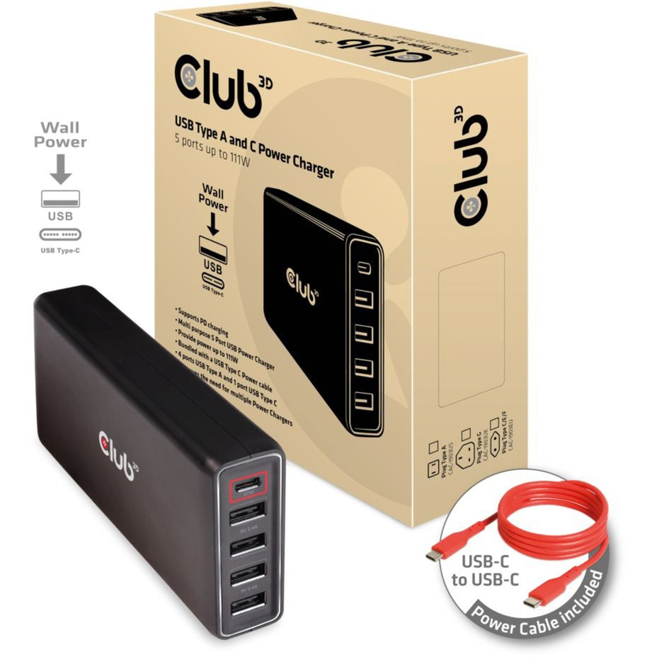 Ładowarka sieciowa Club 3D USB typu A i C, 5 portów o mocy do 111 W (czarna)