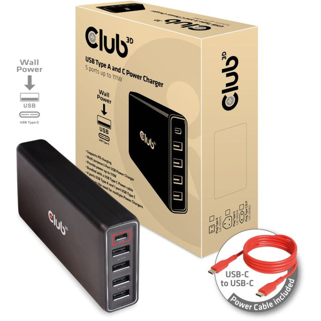 Ładowarka sieciowa Club 3D USB typu A i C, 5 portów o mocy do 111 W (czarna)