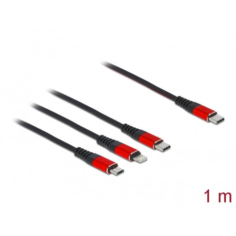 Delock Kabel ładujący USB 3 w 1 USB-C na Lightning + Micro USB + USB-C (czarny czerwony, 1 metr)