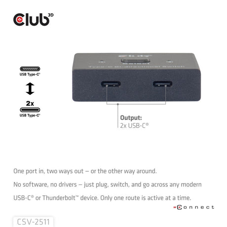 Club 3D USB-C dwukierunkowe wideo + dane + przełącznik PD Przełącznik USB (czarny)