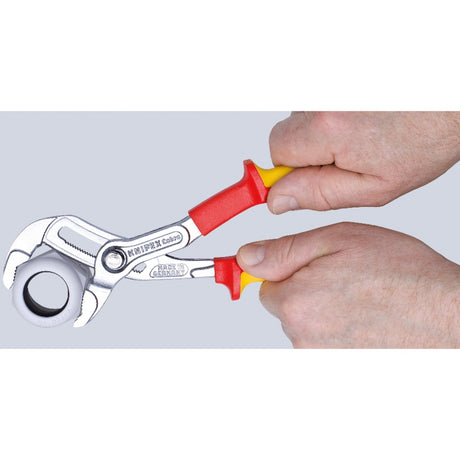 Knipex cobra vde high-tech szczypce do pomp wodnych 87 26 250 Szwedzkie szczypce do pomp wodnych (czerwono-żółte, ząbkowane powierzchnie chwytne, przebijany zawias)