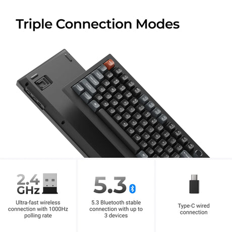 Bezprzewodowa, niestandardowa klawiatura mechaniczna Keychron v6 ultra 8k (czarna, układ amerykański (qwerty), jedwabny pom czerwony, 100%, rgb, hot swap, 2,4 ghz | bluetooth 5.3 | usb-c)