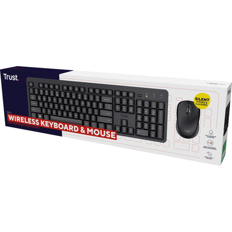 Zestaw stacjonarny z bezprzewodową klawiaturą i myszą Trust Ody II Silent (czarny, układ US (QWERTY), membrana, 100%, 800 dpi - 1600 dpi)