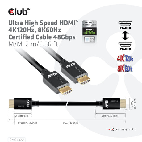 Certyfikat Club 3D ultra high speed HDMI 2.1 kabel męsko-męski (czarny, 2 metry, 4K 120 Hz, 8K 60 Hz, 48 Gb/s)
