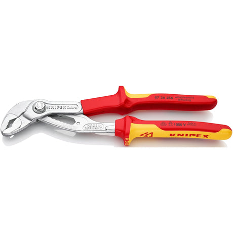 Knipex cobra vde high-tech szczypce do pomp wodnych 87 26 250 Szwedzkie szczypce do pomp wodnych (czerwono-żółte, ząbkowane powierzchnie chwytne, przebijany zawias)