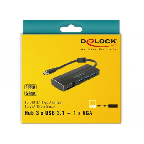 Delock USB-C 3.1 > 3x USB-A 3.0 + 1x koncentrator USB VGA (czarny, 0,15 m)