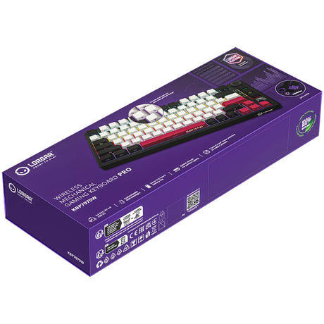 Mechaniczna klawiatura do gier Lorgar kbp7075w rgb (czarna, układ amerykański (qwerty), logar toksyczny fiolet, 75%, rgb, możliwość wymiany podczas pracy, podwójny strzał pbt, bluetooth | 2,4 GHz | usb)