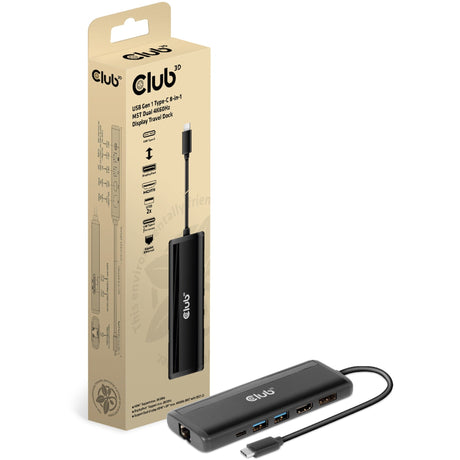Podróżna stacja dokująca Club 3D USB Gen 1 Type-C 8 w 1 MST z podwójnym wyświetlaczem 4K60 Hz (czarna)
