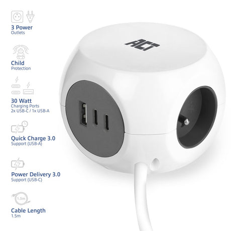 Act Connectivity Act listwa zasilająca z 3 gniazdami, zasilanie 30 W, porty USB-C a, długość kabla 1,5 m ac2425