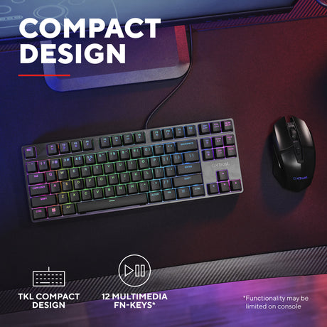Kompaktowa mechaniczna klawiatura do gier Trust GXT 864 Cada (czarna, układ amerykański (Qwerty), Huano Brown, RGB)