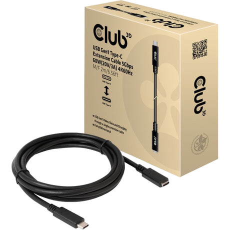 Przedłużacz Club 3D USB-C gen 1 (czarny, 2 metry, 5 GBP s, 60 watów)