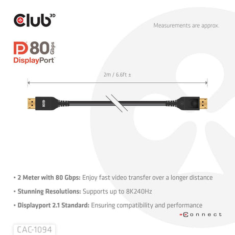 Kabel Displayport 2.1 Vesa DP80 z certyfikatem Club 3D (czarny, 2 metry, 8k 240hz, 10k 60hz, 80gbps)