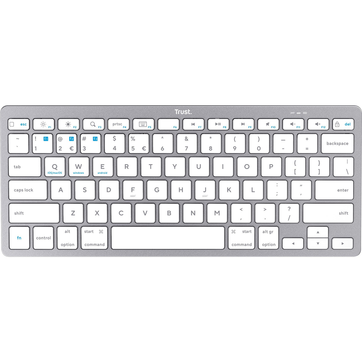 Bezprzewodowa klawiatura Bluetooth Trust (szara, układ US (QWERTY), przełączniki nożycowe, 85%, Bluetooth 4.0)