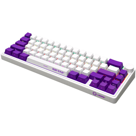 Mechaniczna klawiatura do gier Lorgar kbp70mw rgb (biała, układ amerykański (qwerty), logar toksyczny fiolet, 65%, rgb, możliwość wymiany podczas pracy, podwójny strzał pbt, bluetooth | 2,4 GHz | usb)